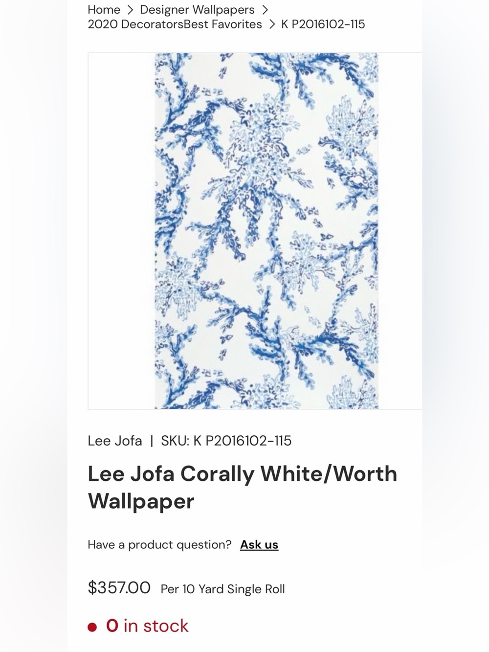 Lilly Pulitzer by Lee Jofa Blue and White Coral Print Wallpaper Panel